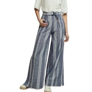 ANTHROPOLOGIE Beachy Striped Pants Womens 0 Blue White Split Cuff Pleated Linen